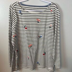 Talbots Plus Size 2X White Black Stripes Embroidered Flowers Womens Long Sleeve